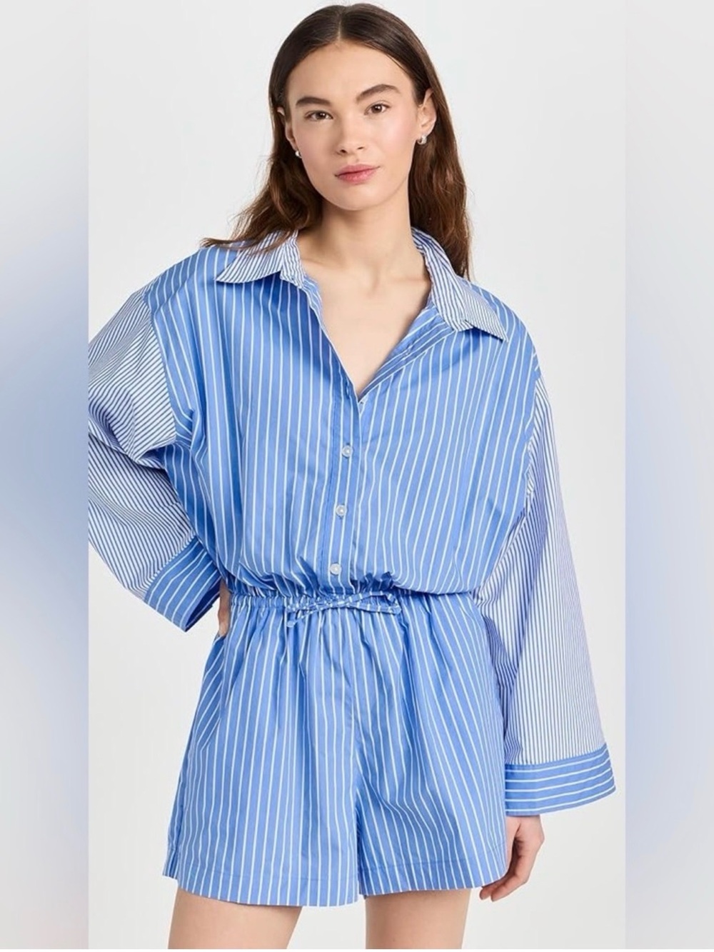 Faithful the Brand Classic Blue Stripe Oxford Romper tie waist